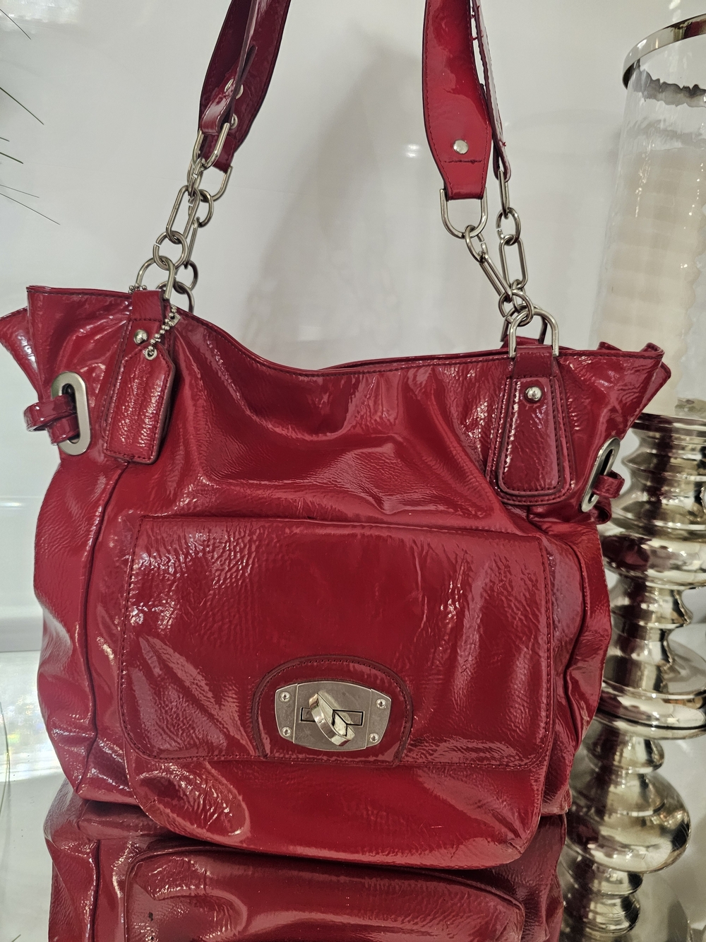 Naturalizer Red Patent Shoulder Bag with Chain-Strap Accents